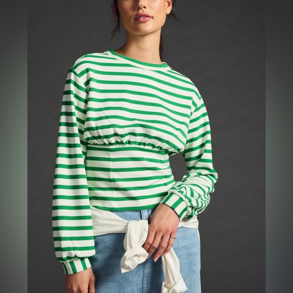 Anthropologie Maeve Green&White stripes Size SP Soft Knit Blouse #0089